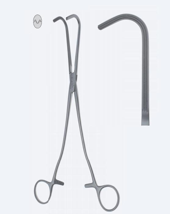 Зажими дисекційні та лігатурні Rumel атравмат. вигнуті зубчасті щелепи, зубці 2 х 1, з кремальєрою, довжина 250 мм. Бренд - Asanus Medizintechnik Gmb, Німеччина